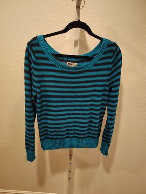 SO Sweater Junior's Size XL Scoop Neck Stripes Striped Long Sleeve Teal Y2K
